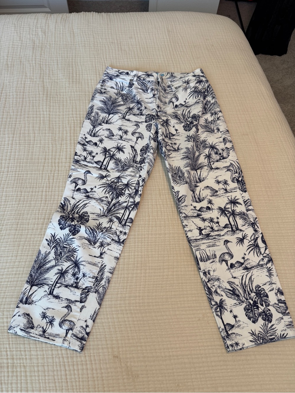 J. McLaughlin White Jeans with Navy Tropical Print